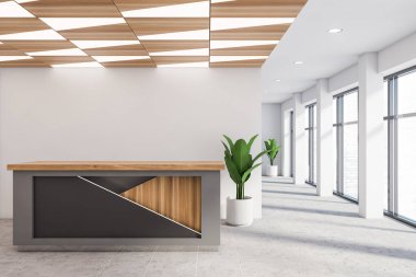 Modern ofis bekleme odasının içinde beyaz duvarlar, fayanslı zemin, gri ve ahşap resepsiyon tezgahı ve güzel tavan deseni var. 3d oluşturma