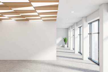 Boş ofis salonu ya da beyaz duvarlı, fayanslı döşemeli, ahşap geometrik tavan desenli ve duvarlı ferah bir daire. Reklam ve emlak kavramı. 3d oluşturma
