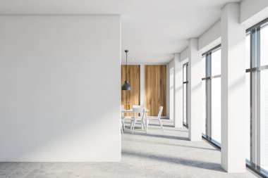 Geniş yemek odasının içinde beyaz ve ahşap duvarlar, büyük pencereler, sandalyeli rahat beyaz masa ve solunda sahte bir duvar. 3d oluşturma