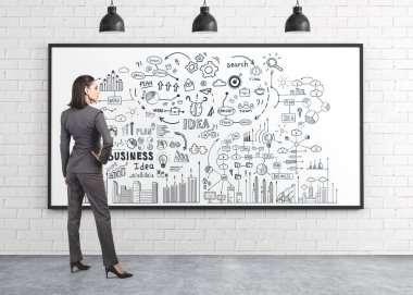 Kendine güvenen iş kadını beyaz tahtaya çizilmiş yaratıcı iş planı skecine bakıyor. Strateji ve iş eğitimi kavramı