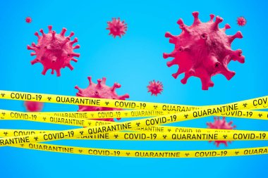 Coronavirus ncov covid 19 karantina ve tecrit kavramı. Mavi arka planda kırmızı virüs modelleri ve bant. 3d görüntüleme bulanık resim