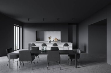 Geniş modern mutfak, beyaz ve koyu gri duvarlar, beton zemin, tabureli mermer bar ve sandalyeli siyah yemek masası. 3d oluşturma