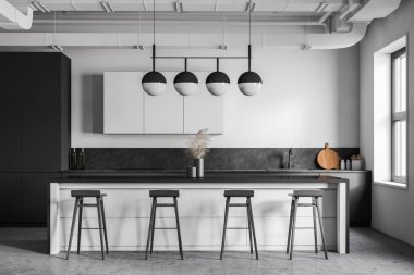 Beyaz ve gri duvarları, beton zemini, lavaboda gri tezgahı ve tabureli rahat barı olan modern endüstriyel mutfağın içi. 3d oluşturma