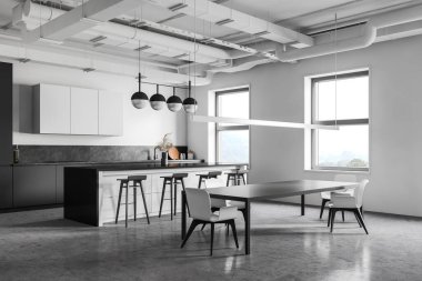 Beyaz ve gri duvarları olan endüstriyel mutfağın köşesi, beton zemin, gri tezgah, tabureli bar ve beyaz sandalyeli yemek masası. 3d oluşturma