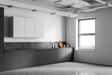 Beyaz ve gri duvarları olan modern endüstriyel mutfağın köşesi, beton zemin, beyaz dolaplı gri tezgahlar. 3d oluşturma