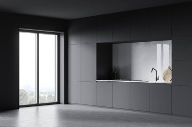 Beyaz ve koyu gri duvarları, beton zemini ve tencere ve lavabonun içine monte edilmiş rahat gri tezgahları olan şık minimalist mutfağın köşesi. Bulanık dağ manzaralı bir pencere. 3d oluşturma