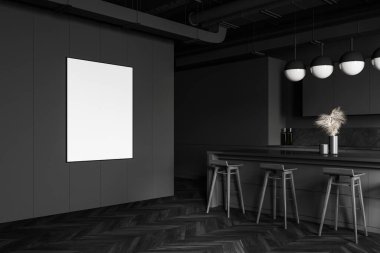 Modern endüstriyel mutfağın köşesinde koyu gri duvarlar, ahşap zemin, lavaboda gri tezgahlar ve tabureli rahat bir bar var. Dikey model poster çerçevesi. 3d oluşturma