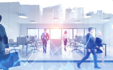 Bulanık iş adamları modern açık uzay ofisinde birlikte çalışıyorlar. Şehir manzarası ve finansal grafiği iki katına çıkarıyorlar. Borsa ve takım çalışması kavramı. Tonu ayarlanmış resim