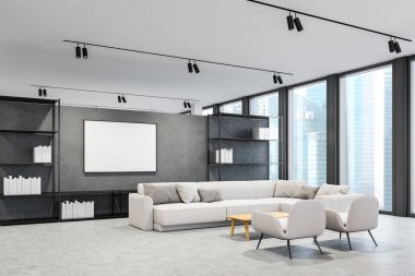 Panoramik ofis bekleme odasının köşesinde beyaz ve gri duvarlar, beton zemin, kahve masasının yanında koltukları olan rahat beyaz kanepe ve kitaplıkların yanında yatay taklit poster. 3d oluşturma