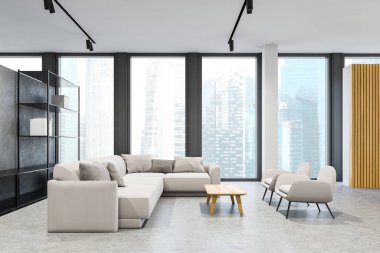 Panoramik ofis bekleme odasının içinde beyaz ve gri duvarlar, kahve masası ve kitaplıkların yanında koltukları olan rahat beyaz kanepe. Bulanık şehir manzaralı bir pencere. 3d oluşturma
