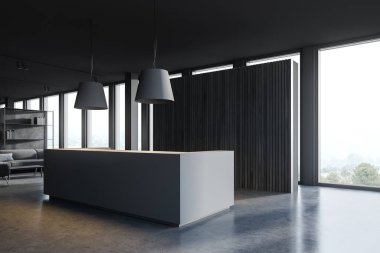 Corner of modern minimalistic office with grey and dark wooden walls, concrete floor and comfortable reception desk standing near window with blurry mountain view. Sofa in waiting room. 3d rendering clipart