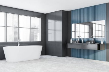 Geniş banyonun köşesinde gri ve mavi duvarlar, beton zemin, rahat küvet ve yatay aynalı çift lavabo. 3d oluşturma