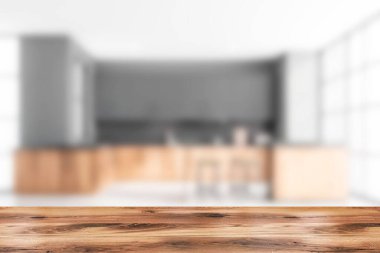 Ürününüz için gri ve tuğladan duvarları, beton zemini, lavabo, fırın ve gri dolapları olan ahşap tezgahları olan bulanık mutfakta bir masa. 3D oluşturma maketi