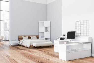 Beyaz duvarları, ahşap zemini, beyaz battaniyesi ve şık kitaplığı olan modern yatak odasının köşesinde. Beyaz bilgisayar masası olan ofis alanı. 3d oluşturma