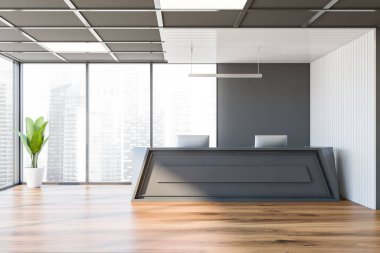Beyaz ve gri duvarları ve bulanık şehir manzaralı panoramik pencereli şık şirket ofisinde duran bilgisayarlı rahat gri kabul masası. 3d oluşturma