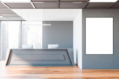 Bilgisayarlı rahat gri kabul masası ve şık şirket ofisinde beyaz ve gri duvarları ve bulanık şehir manzaralı panoramik penceresi olan bir poster. 3d oluşturma