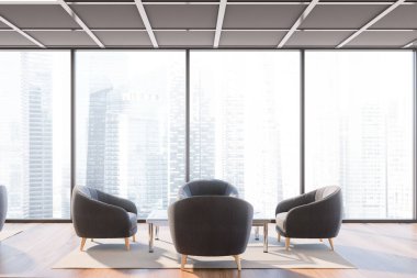 Panoramik ofis odasının içi ahşap zemin, kahve masasının yanında duran dört rahat gri koltuk ve bulanık şehir manzaralı pencere. 3d oluşturma