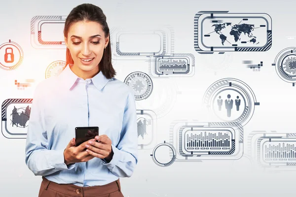 Fröhliche Junge Geschäftsfrau Mit Smartphone Vor Weißem Hintergrund Mit Doppelter — Stockfoto