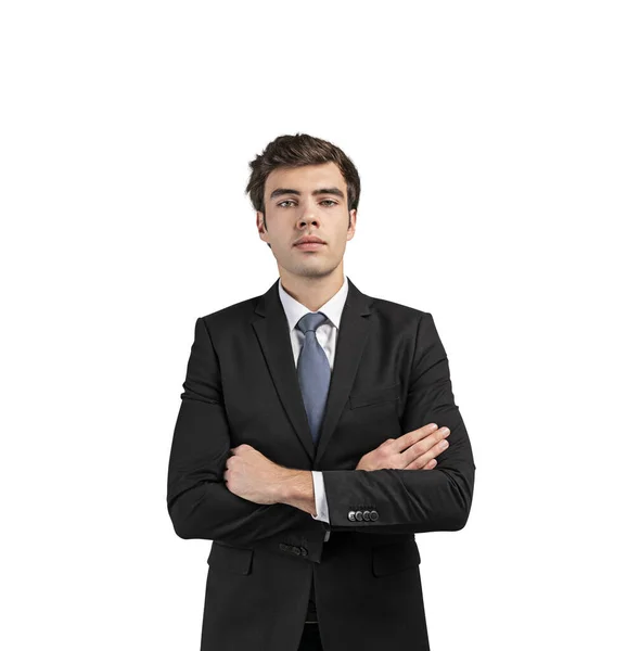 Изолированный Портрет Уверенного Молодого Европейского Бизнесмена Стоящего Скрещенными Руками Смотрящего — стоковое фото