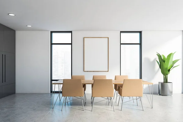 Interior Minimalistic Dining Room White Gray Walls Tiled Floor Wooden — Stock Photo, Image