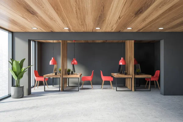 Wnętrze Stylowego Biura Firmy Konsultingowej Szarymi Ścianami Drewnianym Sufitem Podłogą — Zdjęcie stockowe