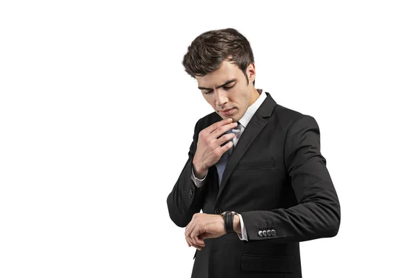 Isolated Portrait Thoughtful Young European Businessman Looking His Watch Concept — Stock Photo, Image