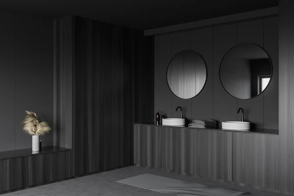 Corner Master Bathroom Gray Dark Wooden Walls Concrete Floor Comfortable — Stock Photo, Image