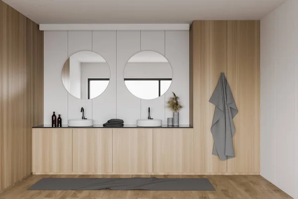 舒适的主浴室内部 有白色和木制墙壁 木制地板 舒适的双层水池 木制台面上有两个圆形镜子 3D渲染 — 图库照片