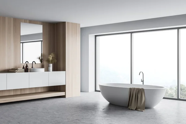 Angolo Bagno Panoramico Lusso Con Pareti Bianche Legno Pavimento Cemento — Foto Stock