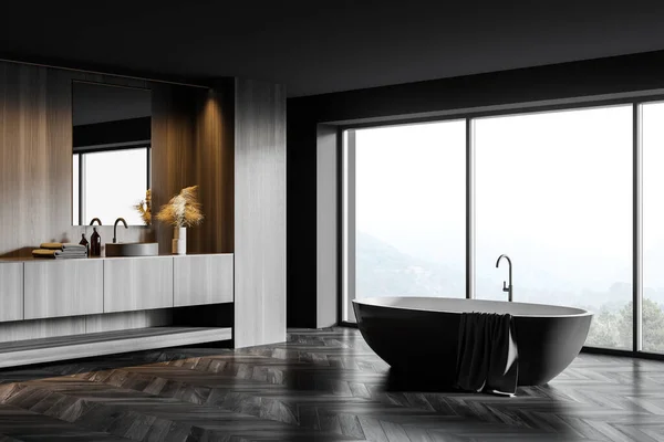 Angolo Moderno Bagno Panoramico Con Pareti Legno Grigio Scuro Pavimento — Foto Stock