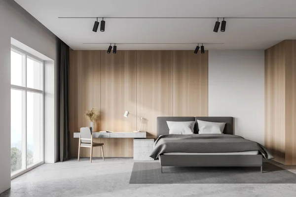 Interieur Van Ruime Master Bedroom Met Witte Houten Muren Betonnen — Stockfoto