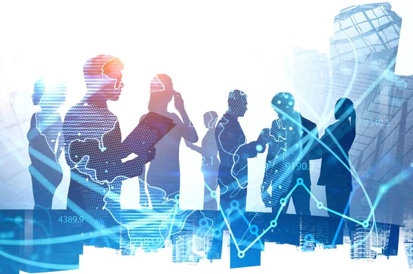 Silhouettes Diverse Business People Working Together Abstract City Double Exposure — Stock Photo, Image