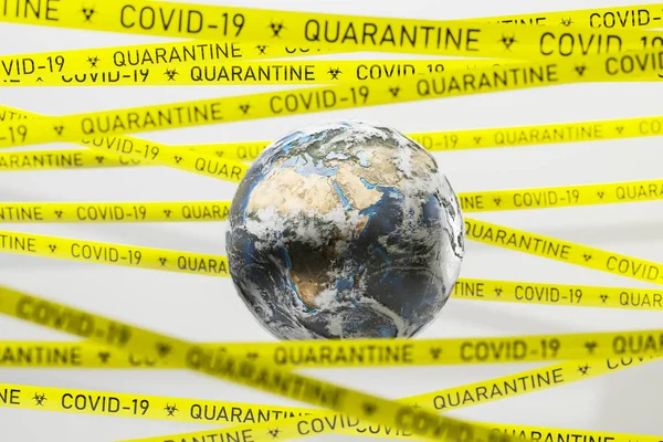 Желтый Коронавирус 2019 Ncov Covid Карантинная Лента Вокруг Земли Пандемия — стоковое фото