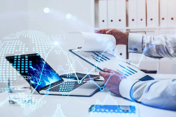 Hands Businessman Reading Financial Report Blurry Office Double Exposure Financial — Stock Photo, Image