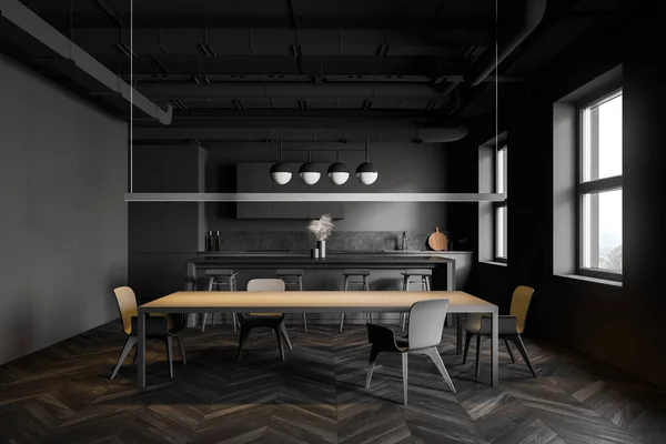 Interior Industrial Style Kitchen Dark Grey Walls Wooden Floor Gray — Stock Photo, Image