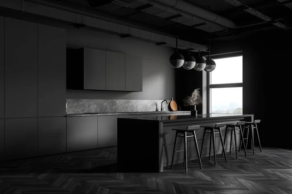 Corner of modern industrial style kitchen with dark grey walls, wooden floor, grey countertops with built in sink and comfortable bar with stools. 3d rendering