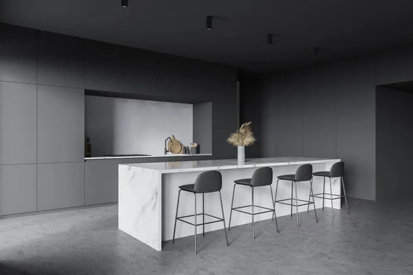 现代厨房的角落 有白色和深灰色的墙壁 混凝土地面 灰色台面 内置炊具和水槽 大理石和白色的酒吧和凳子 3D渲染 — 图库照片