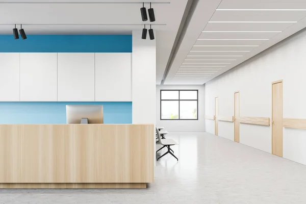 Wooden Reception Desk Computer Standing Stylish Hospital Hall White Blue — Stock Photo, Image