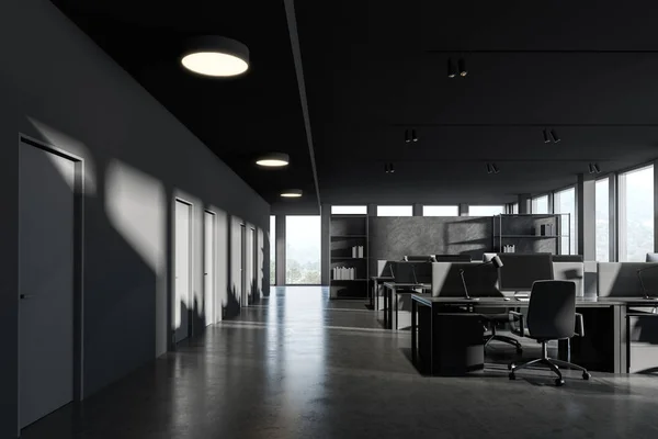 Interior Consultoría Moderna Oficina Con Paredes Grises Oscuras Suelo Hormigón — Foto de Stock