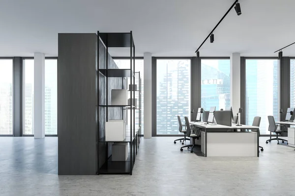 现代开放办公室的工作空间 有白色和灰色的墙壁 混凝土地板 一排白色的电脑桌和书柜 全景窗与模糊的城市景观 3D渲染 — 图库照片