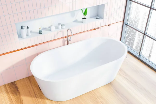Blick Von Oben Auf Luxuriöses Badezimmer Mit Rosa Gefliesten Wänden — Stockfoto