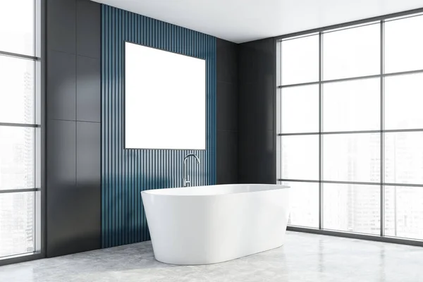 Esquina Baño Moderno Con Azulejos Grises Paredes Azules Suelo Hormigón — Foto de Stock