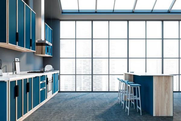 Вид Сбоку Панорамную Кухню Серыми Стенами Бетонный Пол Голубые Столешницы — стоковое фото