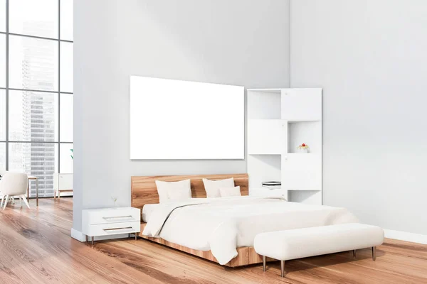 Hoek Van Moderne Master Bedroom Met Witte Muren Houten Vloer — Stockfoto