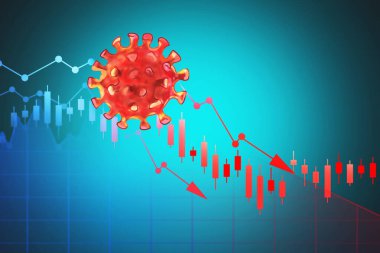 Covid 19 Coronavirus çizimi ve düşen grafiği bulanık mavi arka planda. Finansal ve borsa çöküşü kavramı. 3d oluşturma