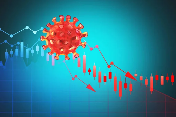 Covid Coronavirus Skizze Und Fallende Graphik Über Verschwommenem Blauem Hintergrund — Stockfoto