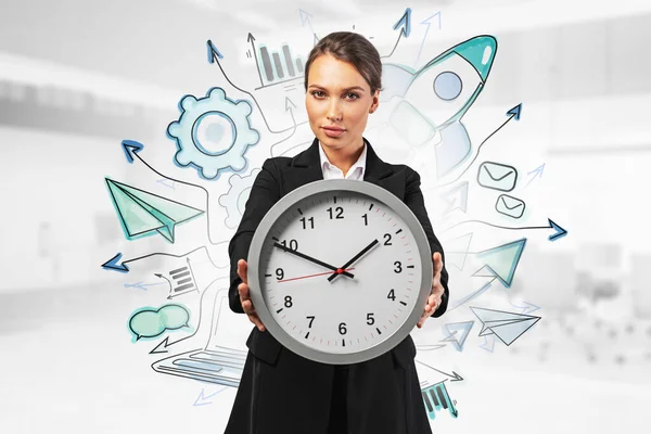 Young European Businesswoman Showing Big Clock Blurry Office Double Exposure — Stock Photo, Image