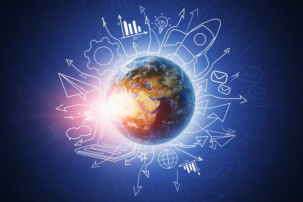 Planet Earth Blue Background Double Exposure Creative Startup Sketch Concept — Stock Photo, Image