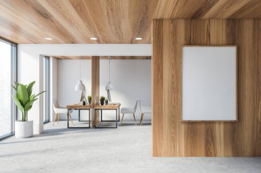 Beyaz ve ahşap duvarları, ahşap tavanı, fayanslı zemini ve beyaz sandalyeli ahşap bilgisayar masaları olan şık danışmanlık bürosu. Dikey maket posteri. 3d oluşturma