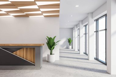 Beyaz duvarları, fayanslı zemini, gri ve ahşap resepsiyon tezgahı ve güzel tavan desenli modern şirket bekleme odasının içi. 3d oluşturma